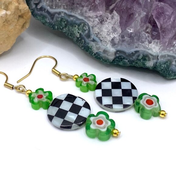 23 Wildwood Rose Jewelry - Black & White Checkerboard Lime Green Flower Handmade Bead Earrings LR149